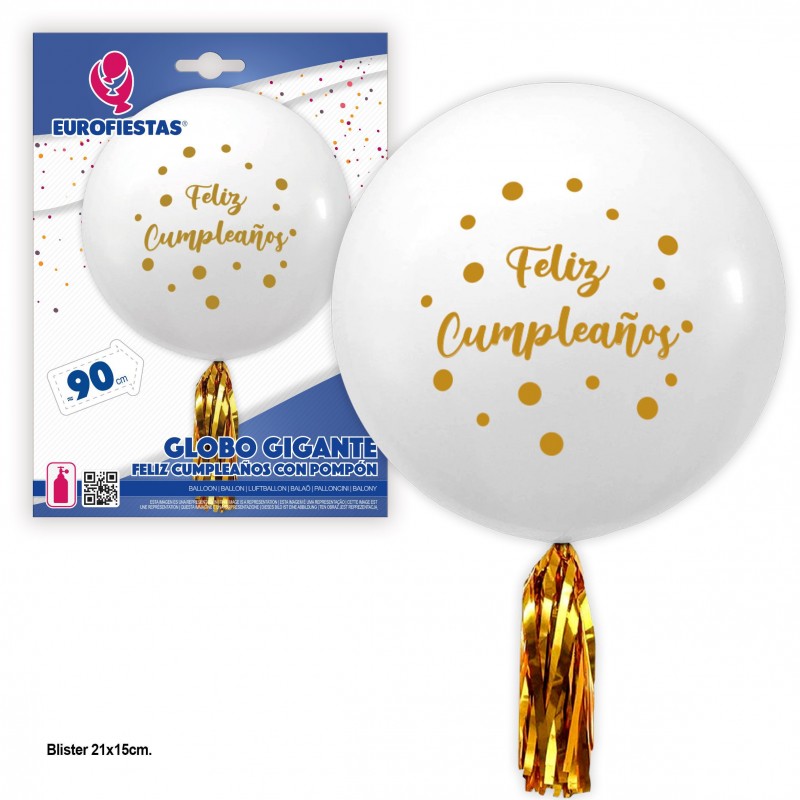 Palloncino Gigante In Lattice Bianco Con Pompom Buon Compleanno Lunares