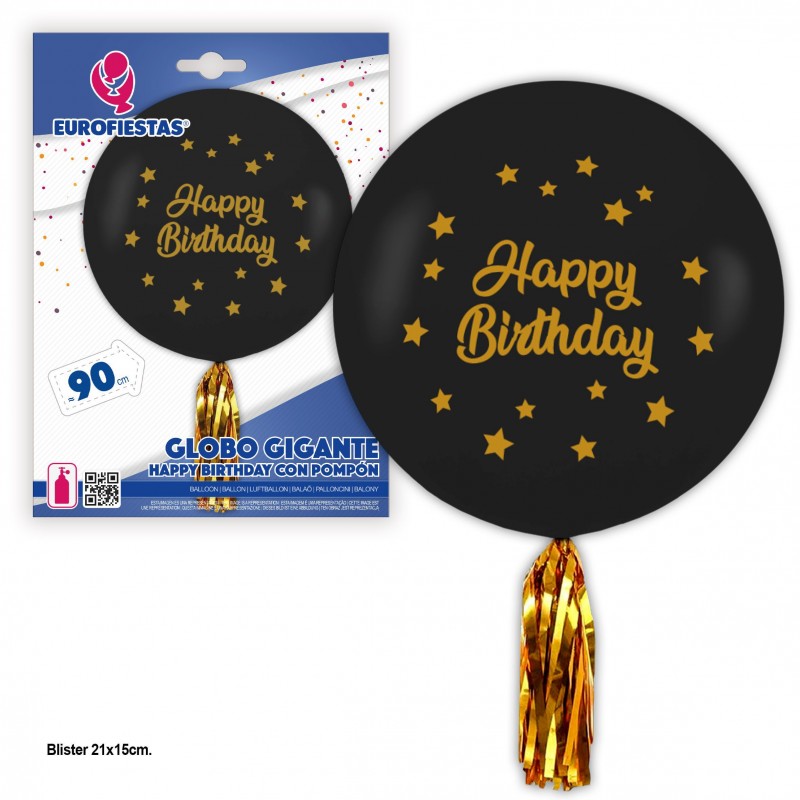 Palloncino gigante in lattice nero con stelline di buon compleanno con pompon