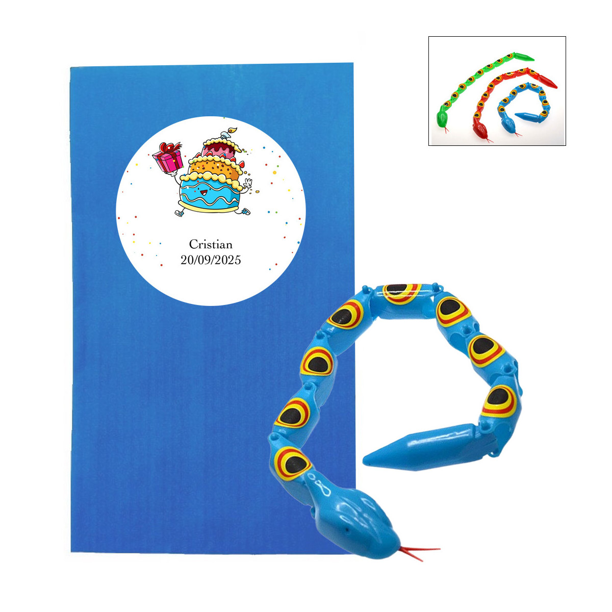 Serpente giocattolo articolato per bambini con busta di presentazione e adesivo di compleanno