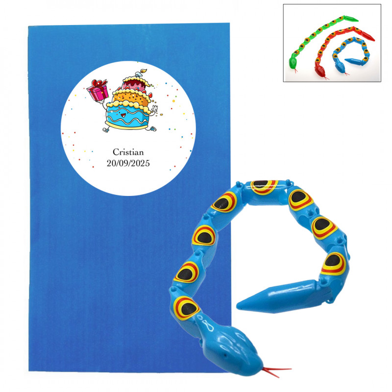 Serpente giocattolo articolato per bambini con busta di presentazione e adesivo di compleanno