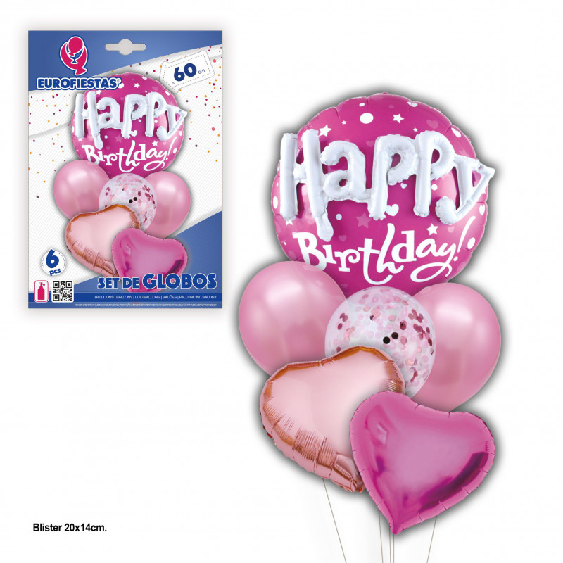 Palloncini di buon compleanno con cuori fucsia