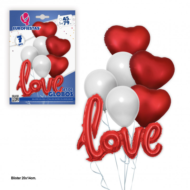 Palloncino foil set 3 cuori rossi e amore con 3 in lattice bianco