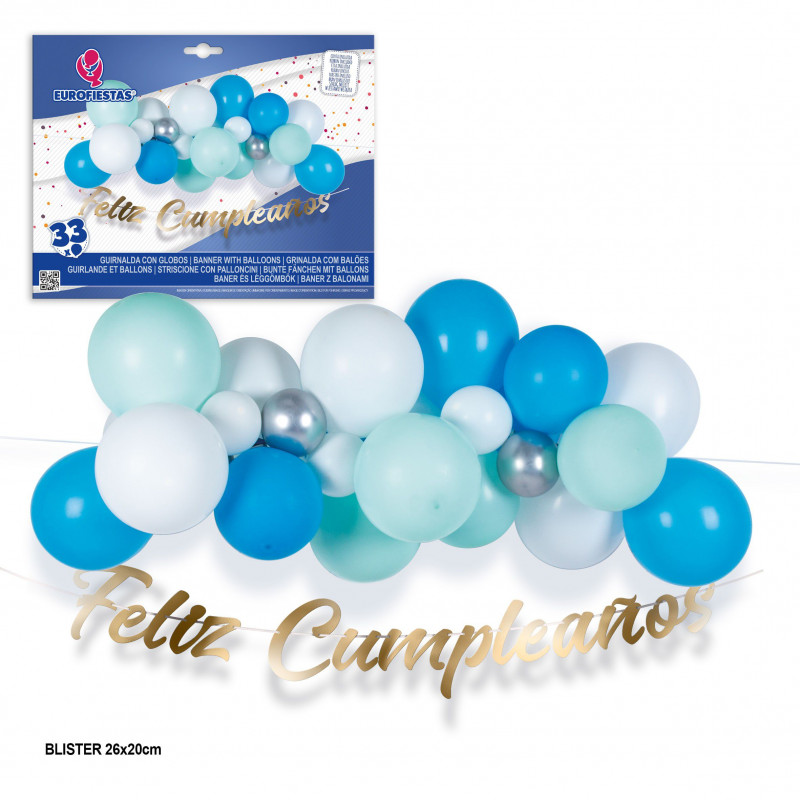 Set nuvola di 33 palloncini blu e bianchi con ghirlanda dorata di buon compleanno