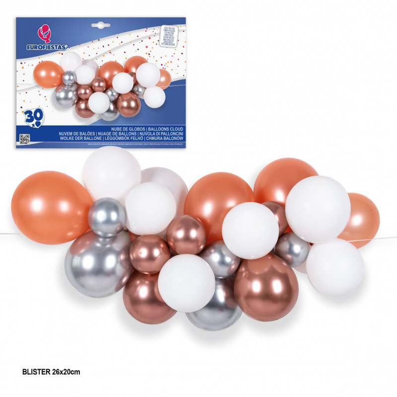 Set nuvola di 30 palloncini oro rosa bianchi e argento