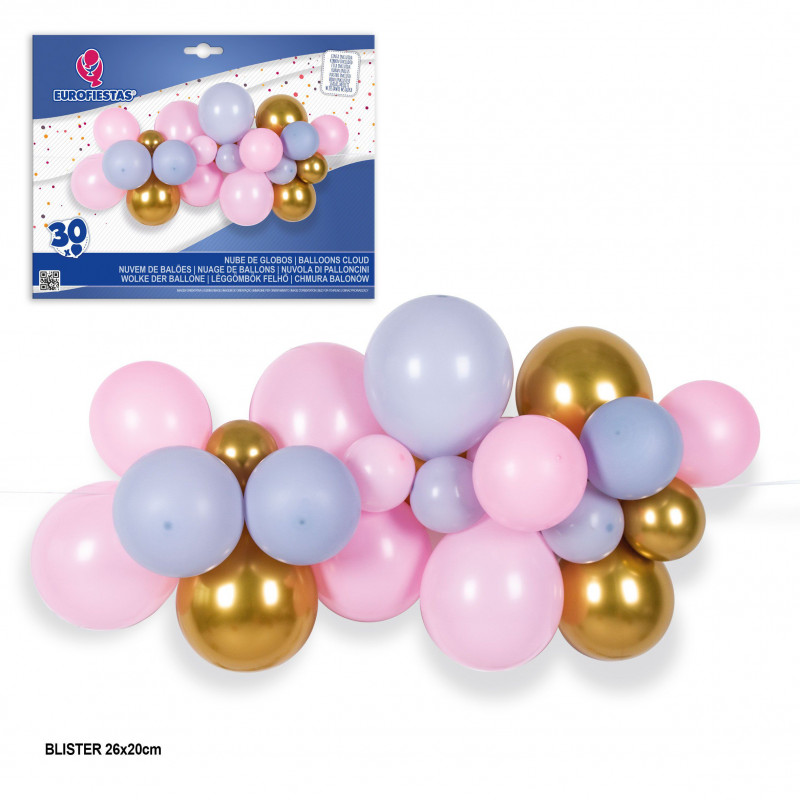 Set nuvola di 30 palloncini oro rosa e grigi