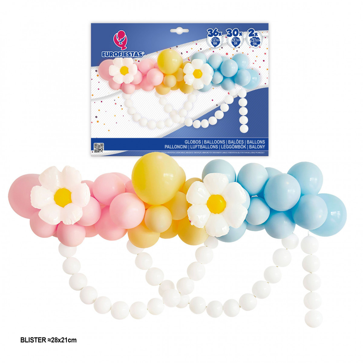 Set organico di palloncini pastello e margherite con catena di palloncini