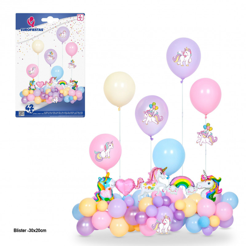 Set di 42 palloncini unicorno 6 supporti max 125cm