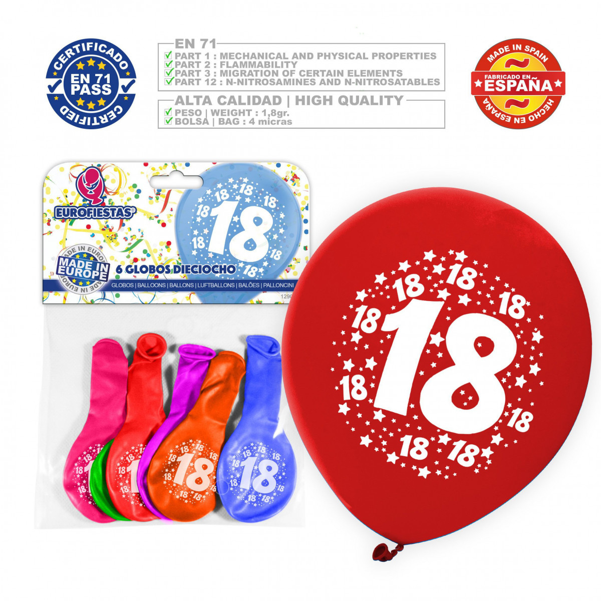 Palloncino colori assortiti 9r numero 18 stampato6 unità