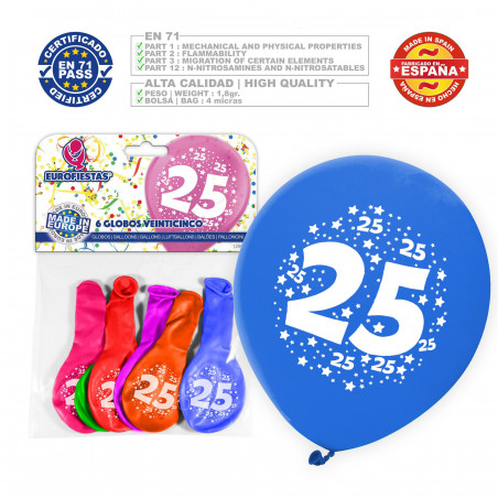 Palloncino colori assortiti 9r numero 25 stampato6 unità