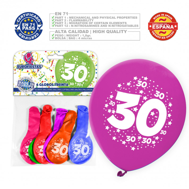 Palloncino colori assortiti 9r numero 30 stampato6 unità