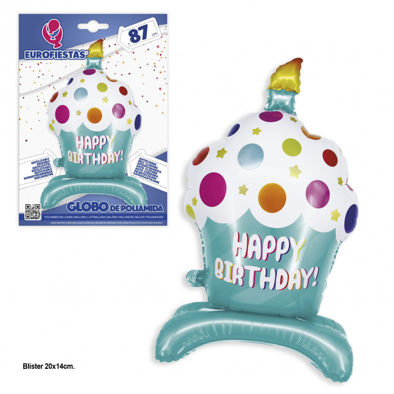 Palloncino foil a pois blu di buon compleanno cupcake pie