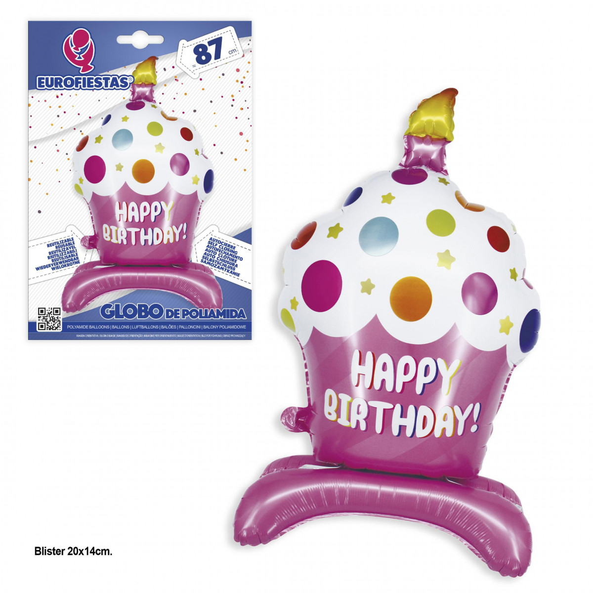 Palloncino in foil a pois rosa buon compleanno cupcake pie