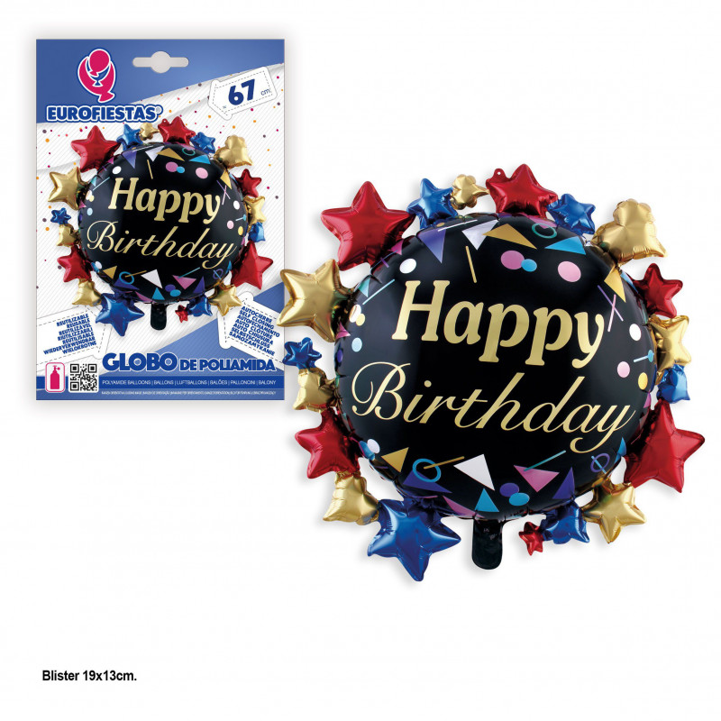 Palloncino foil nero buon compleanno con stelle 67x67cm