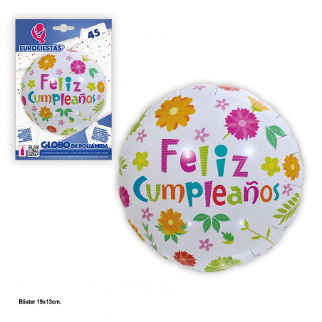 Palloncino foil 45cm tondo fiori buon compleanno bianco