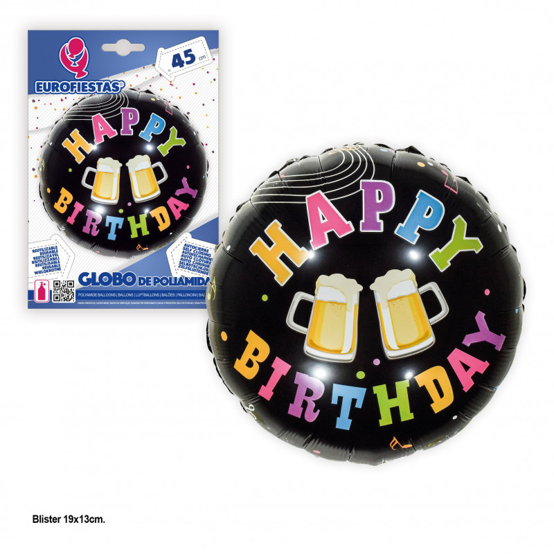 Palloncino foil 45cm tondo happy birthday birre nero