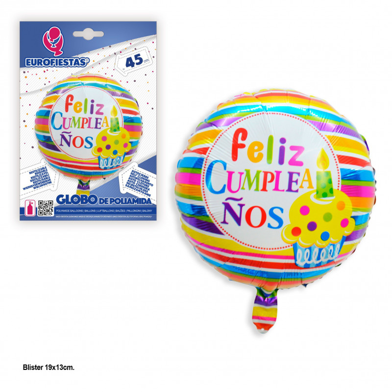 Palloncino foil rotondo con strisce colorate buon compleanno