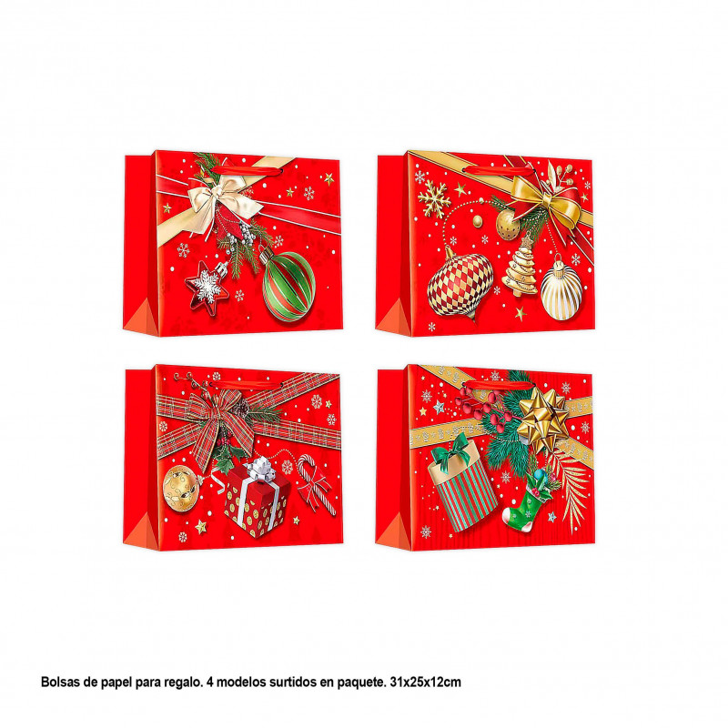 Borsa natale regalo rosso e oro orizzontale 31x25x12cm 4ms med