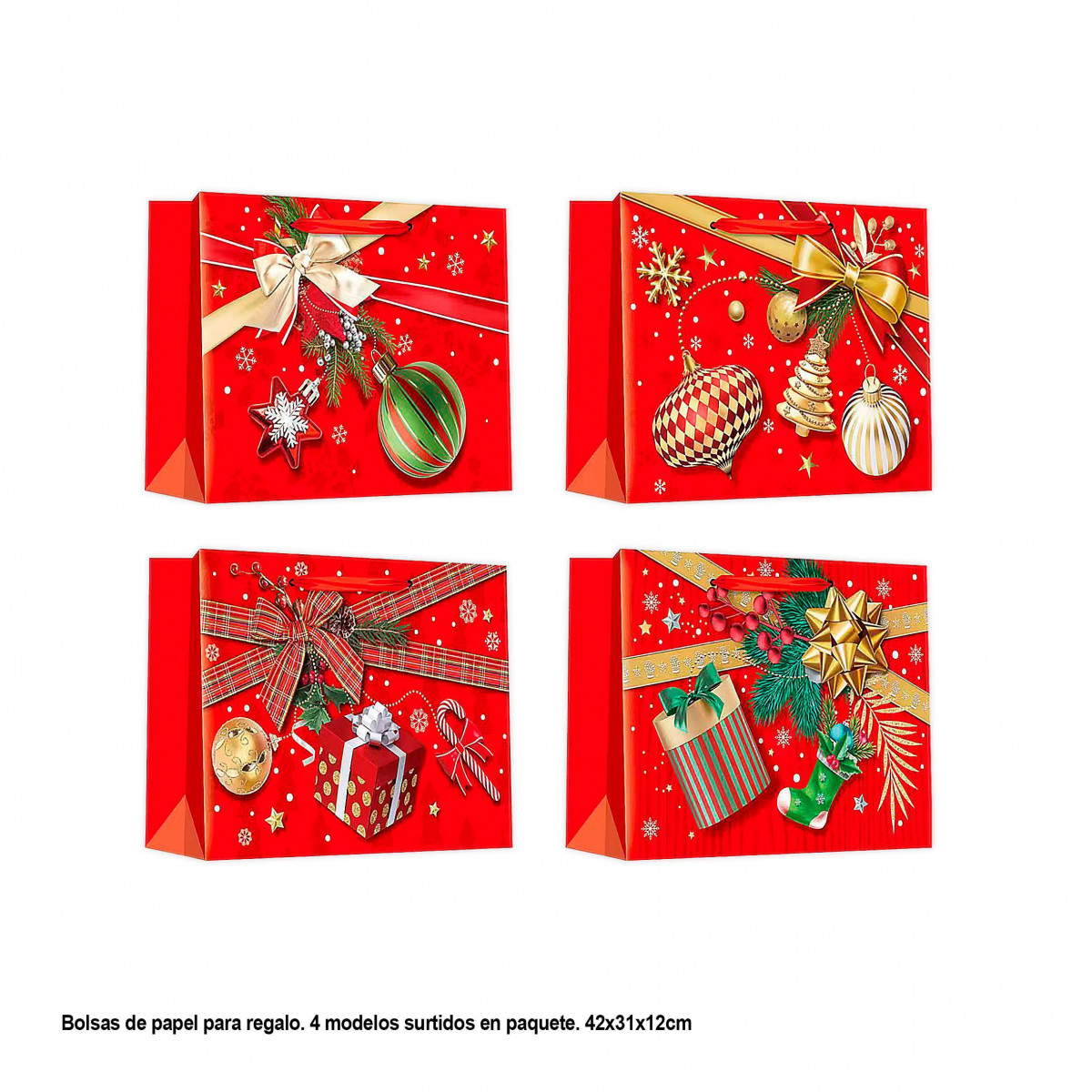 Sacchetto orizzontale regalo natale rosso e oro 42x31x12cm 4ms gr