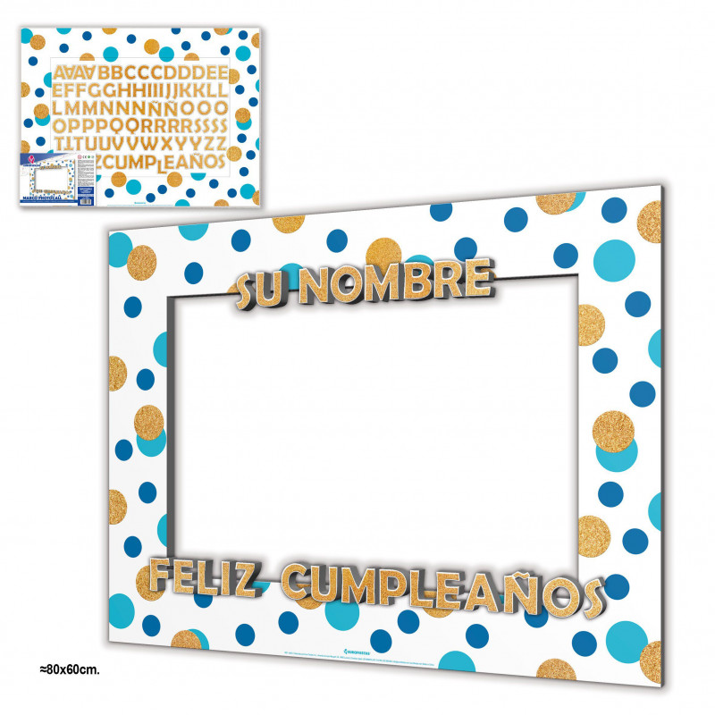 Lettere glitterate con cornice per photocall a pois blu