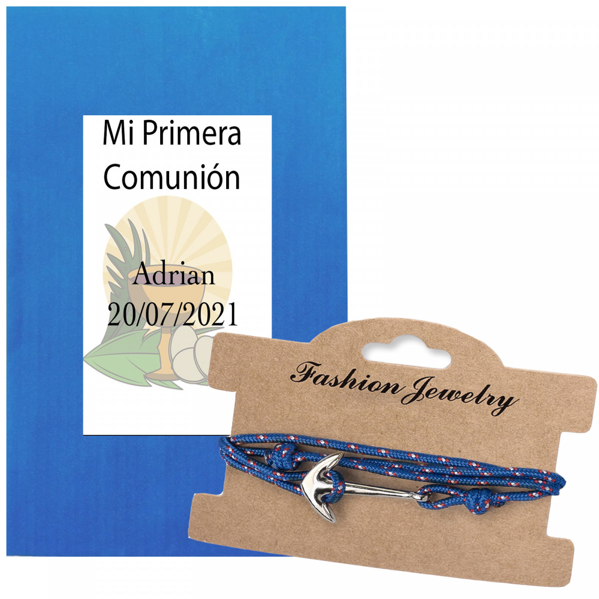 Bracciale con ancora e busta con adesivo personalizzato per la comunione