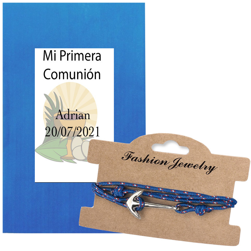 Bracciale con ancora e busta con adesivo personalizzato per la comunione