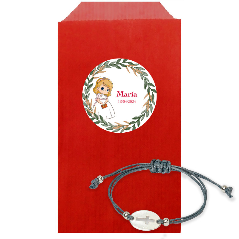 Bracciale in cordino con ciondolo croce in busta con adesivo comunione bambina personalizzato