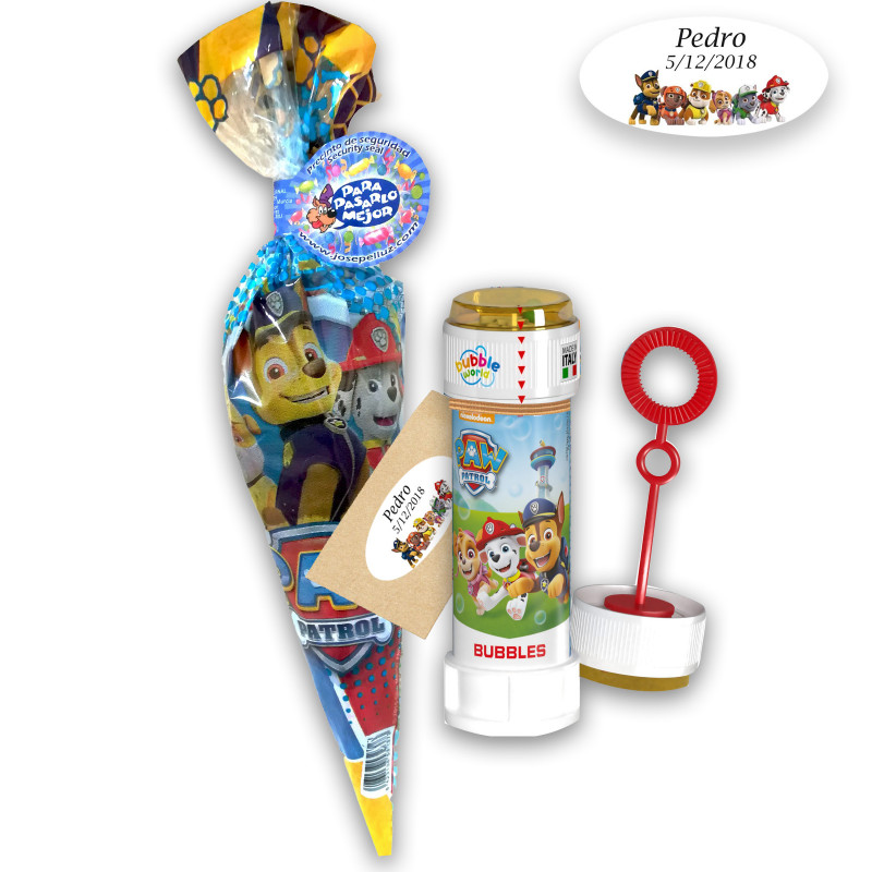 Sacchetto di caramelle e pompero dei paw patrol con etichetta personalizzata