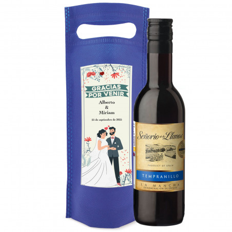 Bottiglia di vino in borsa personalizzata con adesivo nuziale