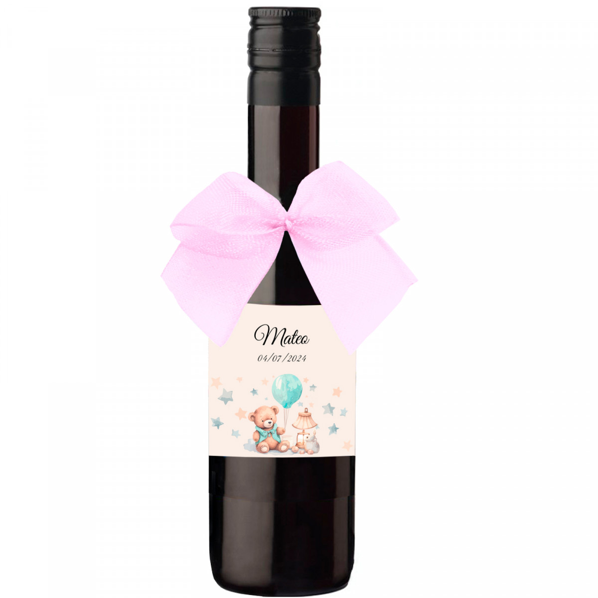 Piccola bottiglia di vino con fiocco rosa e adesivo personalizzato per battesimo