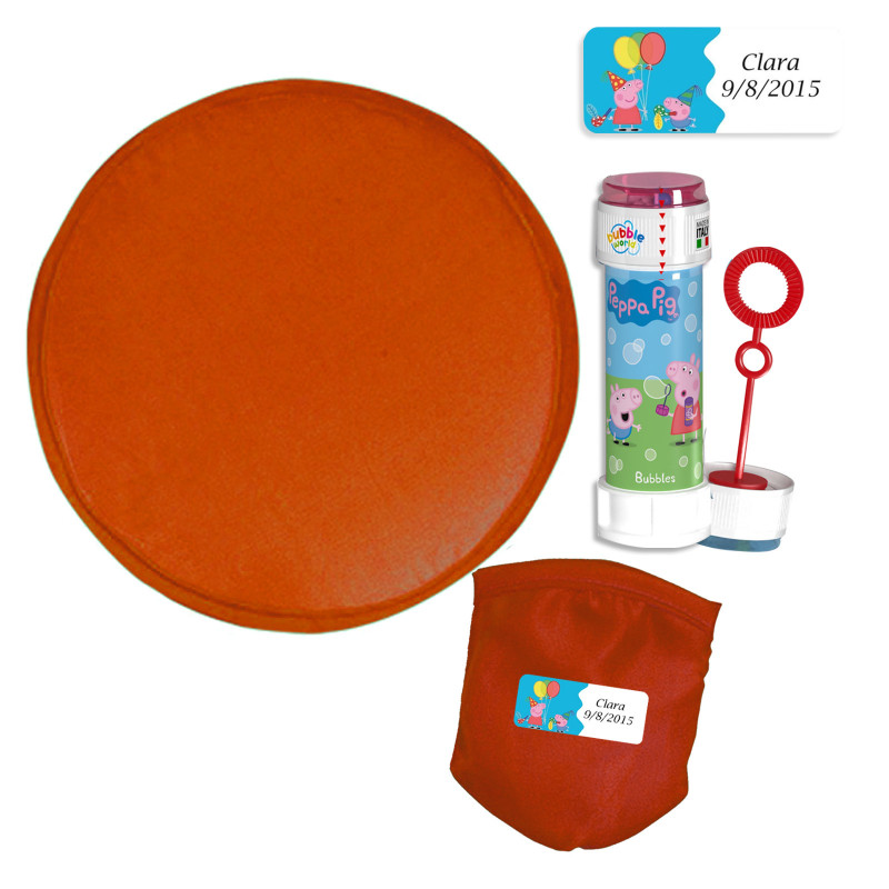 Frisbee pieghevole in tessuto con borsa e adesivo personalizzato Peppa Pig con pompon abbinato