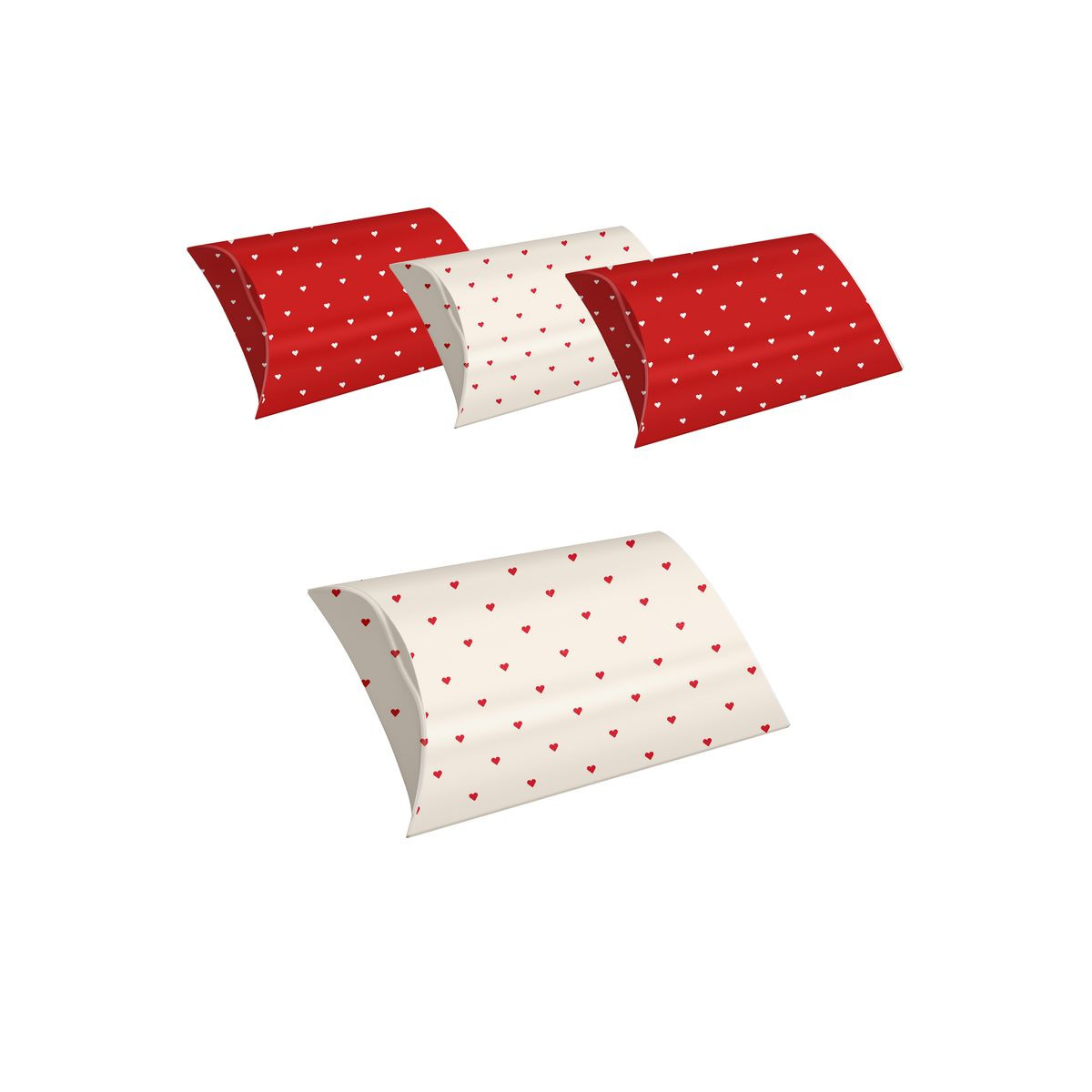 Set di 4 scatole regalo taglia S con cuori stampati in rosso e bianco