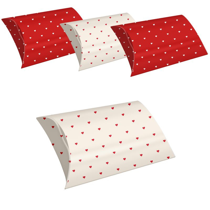 Set di 4 scatole regalo taglia S con cuori stampati in rosso e bianco