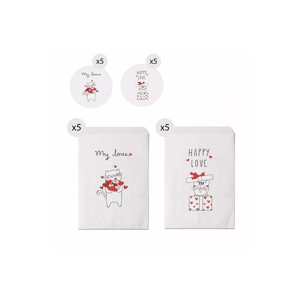 Set di 10 buste regalo misura 13x16 con gattini con messaggi d'amore