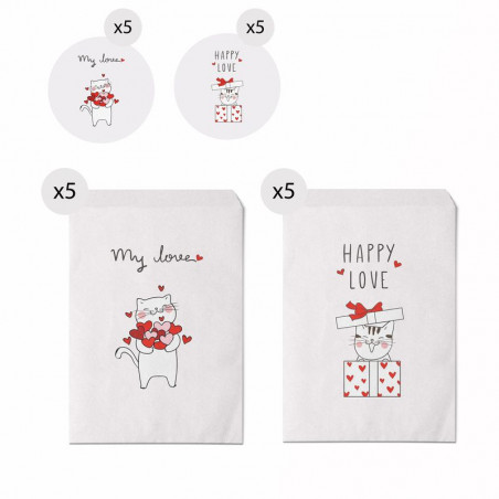 Set di 10 buste regalo misura 13x16 con gattini con messaggi d'amore