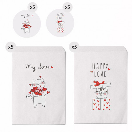 Set di 10 buste regalo misura 16x24 con gattini con messaggi d'amore