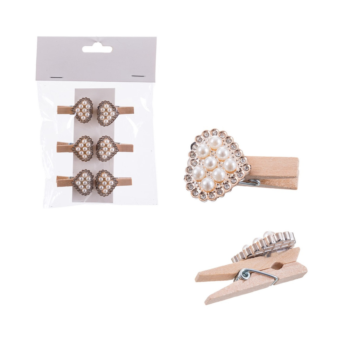 Set di 6 mollette decorative in legno con cuore e perle