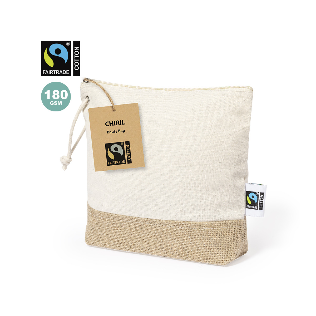 Borsa da toilette realizzata al 100% in cotone e base in iuta del commercio equo e solidale con coulisse per il trasporto - Borsa da toilette Chiril Fairtrade