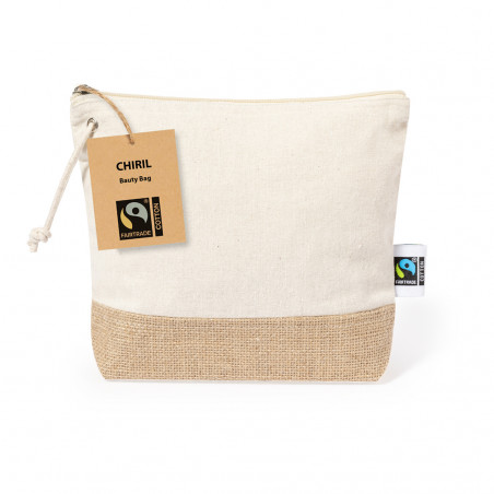 Borsa da toilette realizzata al 100% in cotone e base in iuta del commercio equo e solidale con coulisse per il trasporto - Borsa da toilette Chiril Fairtrade