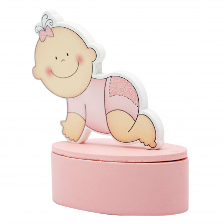 Scatola magnetica con figura di bebè rosa per il battesimo di una bambina