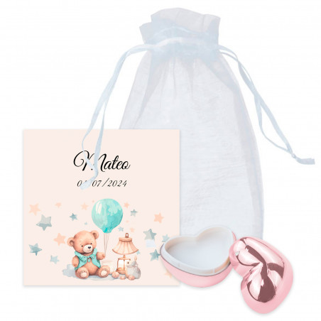 Balsamo labbra con cartoncino personalizzato in sacchetto di organza per dettagli battesimo