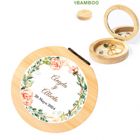 Portagioie in bambù con adesivo personalizzato per i dettagli del matrimonio