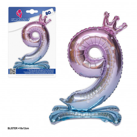 Palloncino foil numero 9 sfumato dal rosa al blu con piedino e corona 80cm