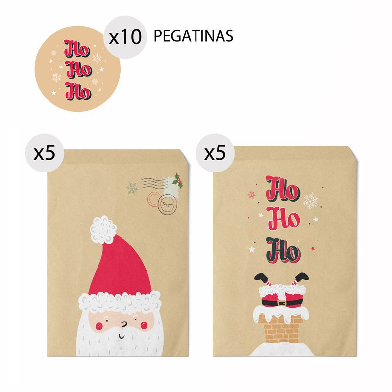 Buste kraft natalizie Babbo Natale 10 unità 13x16 cm e adesivi