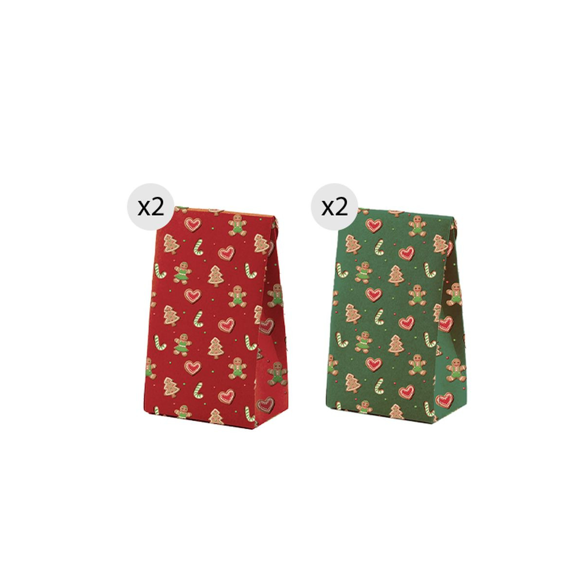 Sacchetti regalo di Natale 4 unità 11,5x14 cm verde e rosso con motivi