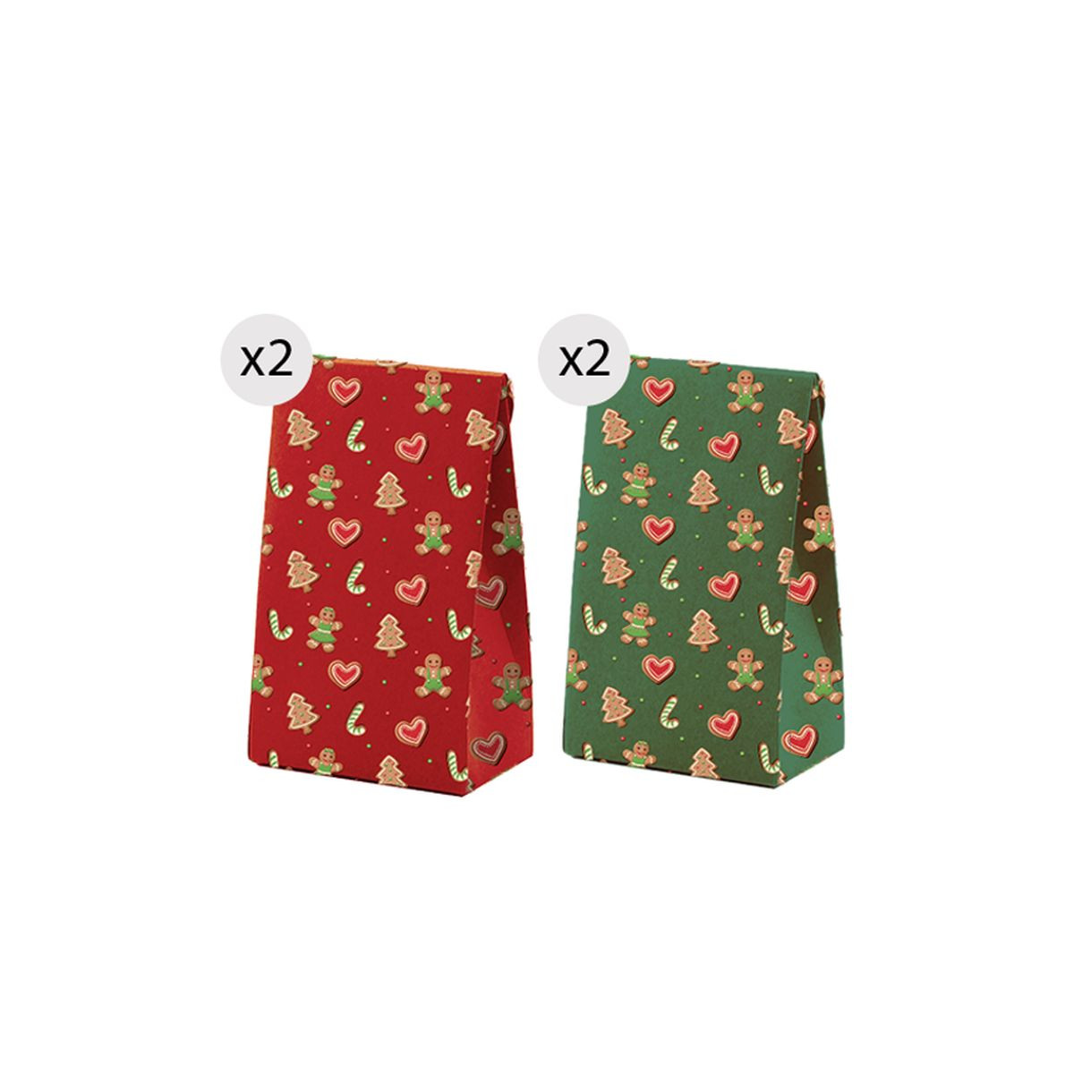 Sacchetti regalo di Natale 4 unità 18x23 cm verde e rosso con motivi