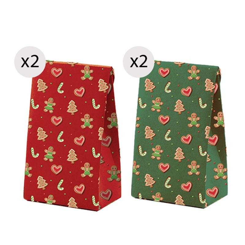 Sacchetti regalo di Natale 4 unità 18x23 cm verde e rosso con motivi