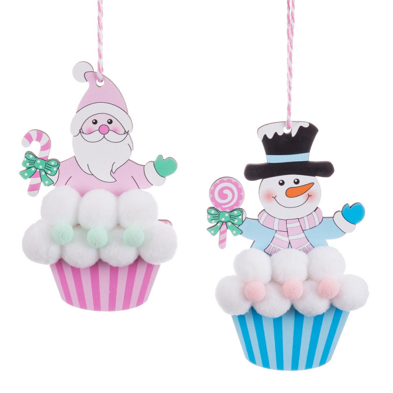 Ciondolo in legno a forma di cup cake di Babbo Natale o pupazzo di neve