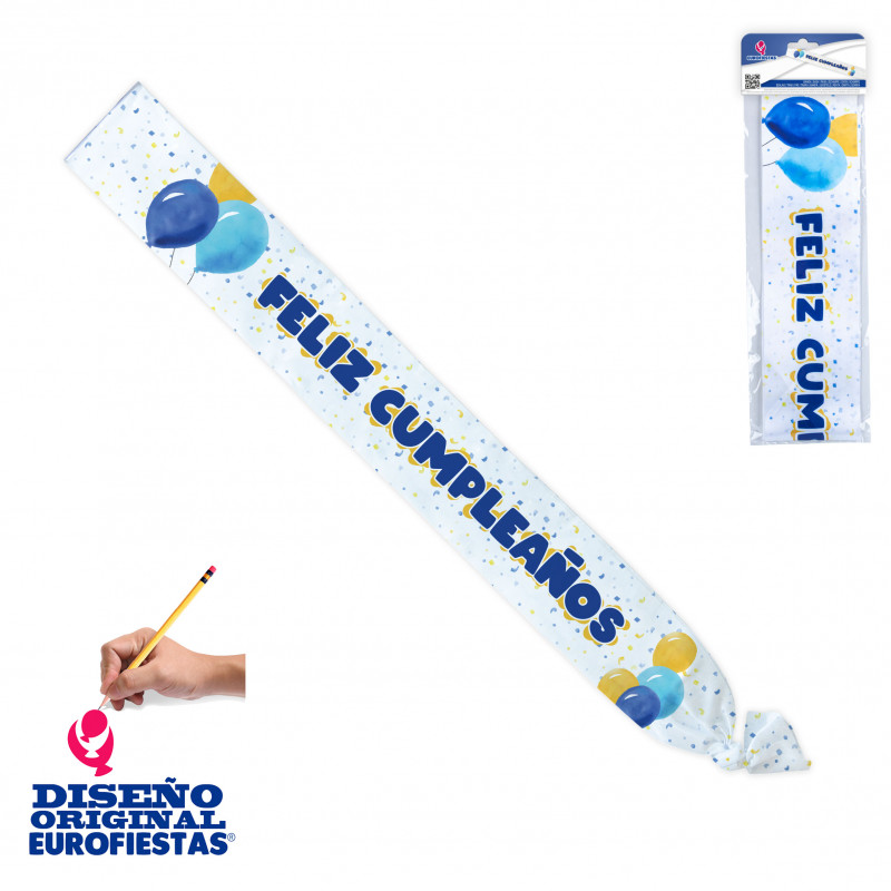 Fascia compleanno con testo di congratulazioni in blu con palloncini e coriandoli