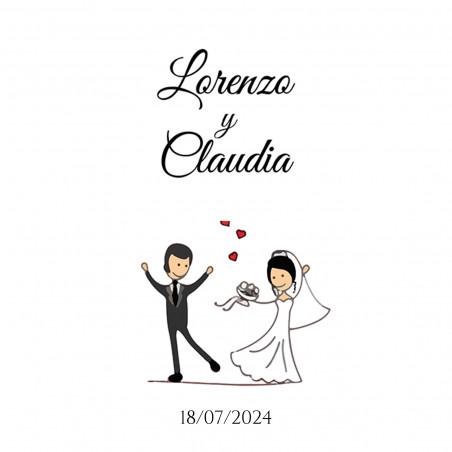 Adesivo quadrato personalizzato da 5 x 5 cm con disegno degli sposi per i dettagli del matrimonio