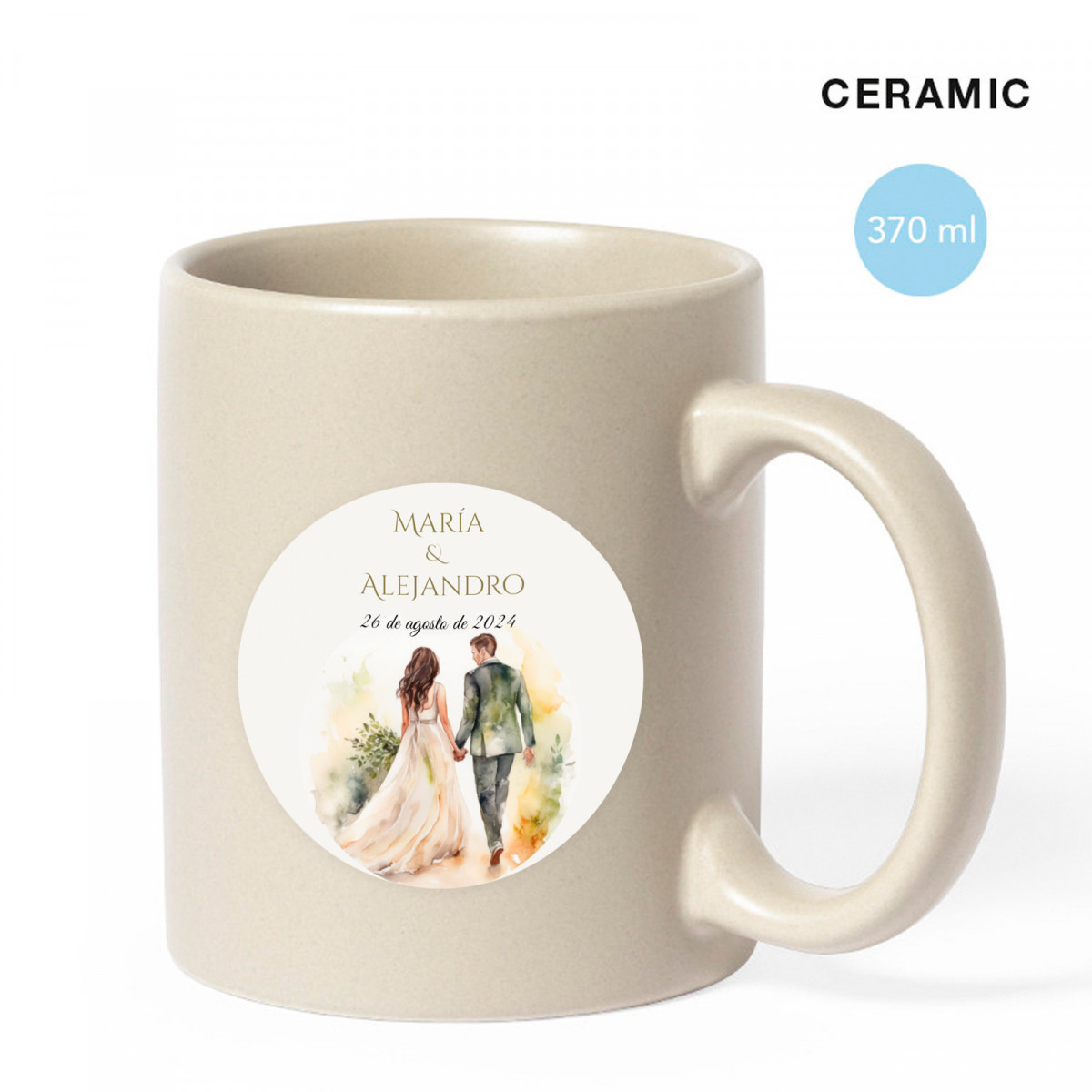 Tazza in ceramica con adesivo personalizzato per i dettagli del matrimonio